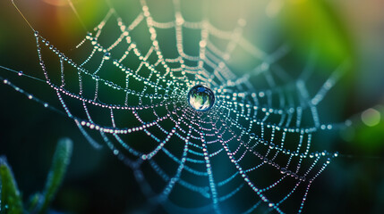 Macro Photography of Spider Web Covered in Dew Droplets at Sunrise