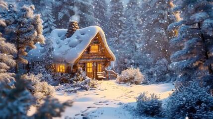 Wall Mural - Serene winter escape, cozy cabin nestled in a snowy forest wonderland