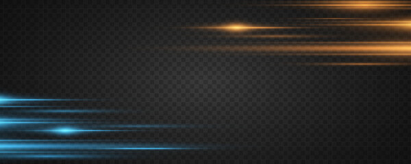 Wall Mural - Moving blue and orange laser beams isolated on dark transparent background. Abstract light effect. Lens flare. Horizontal rays glowing in the dark. Vector illustration. EPS 10.