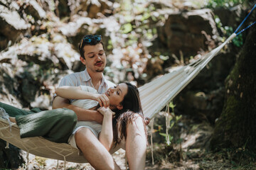 Poster - A happy couple shares a lighthearted moment in a hammock in a natural, serene outdoor setting. Emphasizing love, relaxation, and the beauty of nature.