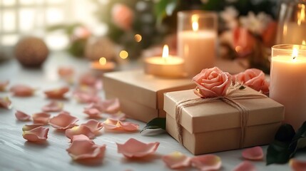 Poster - Chic romantic table setup for Valentines Day featuring gift boxes candles and rose petals on a clean white background Ideal for adding a heartfelt message or greeting