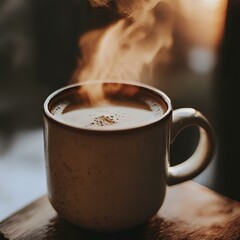 Steaming coffee in ceramic mug at sunrise.
