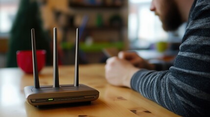Poster - Wireless Router on a Wooden Table with a Blurred Person in the Background
