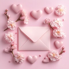 Fototapete - Pastel pink background pink flowers hearts and an envelope creating a Valentines Day concept with flat lay and top view composition ample copy space for text