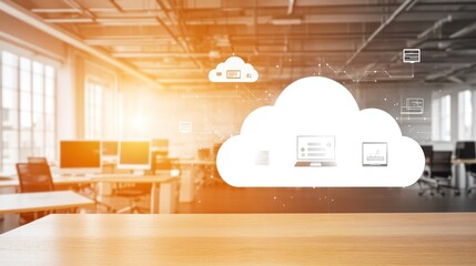 Poster - Wooden Table with Cloud Computing Icon in Blurred Office Setting