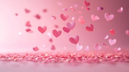 Poster - Valentines heart confetti floating softly against minimalistic pastel pink background designed to evoke a sense of lightness and love perfect for Valentine's Day cards