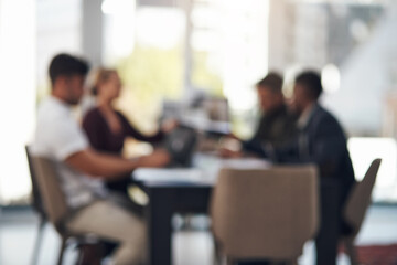 Poster - Meeting, office and blur of business people in boardroom for planning, teamwork and collaboration. Corporate company, manager and men and women with for problem solving, solution and discussion