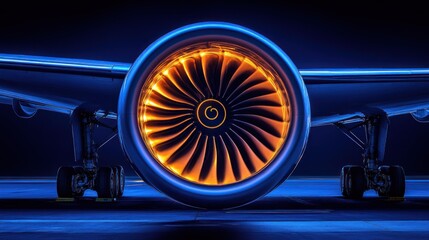 Poster - Airplane Engine Glowing with Orange Light on Runway at Night