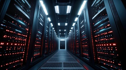 Poster - A row of lit servers in a dark server room with a metallic grid floor.