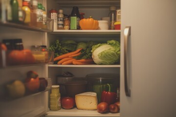 The image shows an open refrigerator in a clean kitchen with fresh fruits and vegetables neatly arranged on the shelves The fridge is white and spacious, highlighting a healthy and organized interior