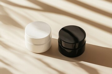 Two white and black cosmetic glass jars mockup for cream on light beige minimalist background with shadows