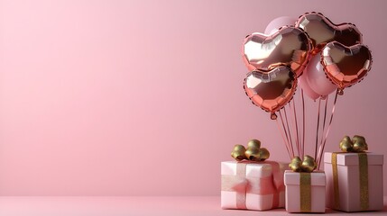 Poster - Romantic Valentine's Day banner featuring pink gold heart foil balloons alongside beautifully wrapped gifts The scene is set on a soft pink background with plenty of space for text