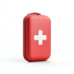 Red first aid kit with white cross on white isolated background.