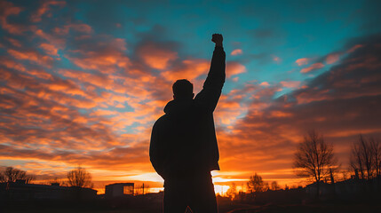 A man is standing in the middle of a field with his arms raised in the air