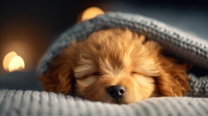 a cute, sleeping puppy wrapped in a cozy blanket, exuding warmth and tranquility in a softly lit env