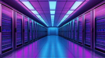 Poster - Neon-Lit Server Room with Rows of Data Racks