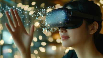 Aufkleber - Woman Wearing VR Headset with Bokeh Lights in the Background