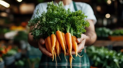 A market vendor proudly presents a fresh bunch of carrots in hands, each adorned with leafy greens, demonstrating a relationship between nature and nourishment.