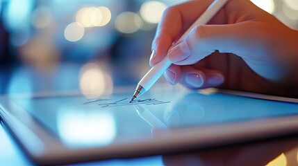 Poster - E-signing an important contract with a stylus on a digital tablet, symbolizing streamlined approvals in modern business environments.