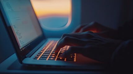 Poster - Fingers typing on a laptop with the soft glow of the airplane window in the background, representing the modern work-life balance