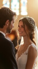 Wall Mural - A bride and groom are smiling at the camera