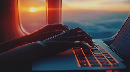 Poster - Fingers typing on a laptop with the soft glow of the airplane window in the background, representing the modern work-life balance