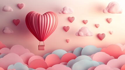 Poster - Heartshaped hot air balloon drifting among numerous tiny heartshaped balloons set against pastel sky Paper art and origami theme for a romantic Valentines Day vector design