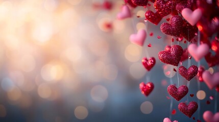 Poster - Elegant blank frame adorned a cascade of red and pink hearts perfect for a Valentines Day celebration Soft bokeh background adds a romantic touch