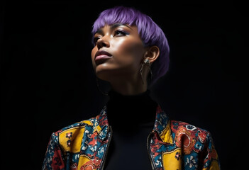 striking portrait of woman with purple hair, wearing colorful patterned jacket, exuding confidence and elegance against dark background