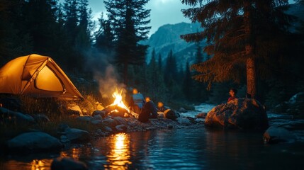 Poster - A group of people are sitting around a campfire in the woods