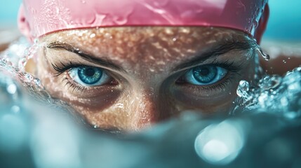 A determined swimmer's intense eyes emerge from the water, donning a pink cap, exuding focus and strength while showcasing the athlete's perseverance.