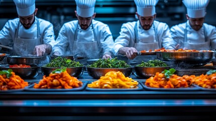 A group of chefs are preparing food in a kitchen