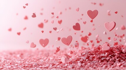 Poster - Scattered heart confetti falling like snow against pale pink background offering a clean and minimalistic look perfect for a modern Valentine's Day card