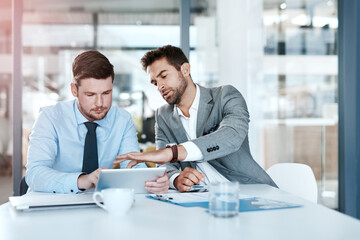 Poster - Business, men and meeting with tablet in office for data analysis on company stats and website traffic performance. Finance team, planning and paperwork for kpi growth, sales profit and discussion