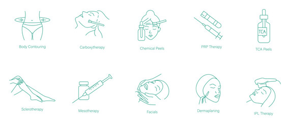 Poster - Body Contouring, Carboxytherapy, Chemical Peels, PRP Treatment, TCA Peels, sclerotherapy, Mesotherapy, Facials, Dermaplaning, and IPL Therapy Icon Set for Complete Beauty and Skin Care  