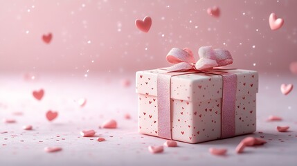 Poster - Elegant 3D design of minimalist Valentines Day gift with ribbon surrounded by floating hearts on a soft pink wallpaper creating a serene feelgood romantic atmosphere