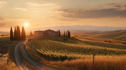 Poster - Tuscan Villa with Vineyard at Sunset