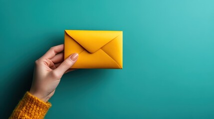 A female hand with neatly manicured nails holds a vibrant yellow envelope against a calming teal background, portraying concepts of communication and anticipation.