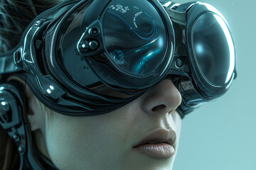 Poster - Fashion model person wearing futuristic shiny glamorous VR goggles watching cyberpunk video, Generative AI