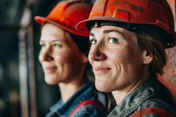 Wall Mural - Generative AI illustration of smiling female construction engineer