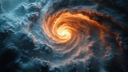 Swirling orange galaxy formation amidst dark clouds in a cosmic scene
