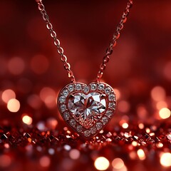 Poster - Heartinspired diamond necklace glistening under warm light displayed a perfect Valentine's Day gift Set against a backdrop of soft red and pink hues evoking a sense of elegance and love