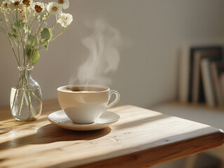 Warm Beginnings: Coffee and Sunlight on a Wooden Table