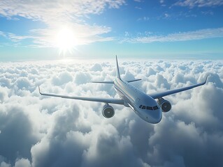 Airplane flying above clouds with sunlight in the background