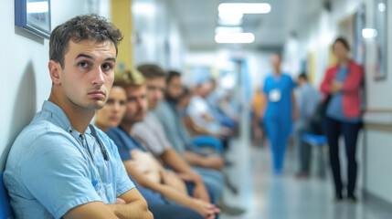 Patients waiting anxiously in a crowded hospital corridor, medical staff in the background, bright artificial lighting. Copy space