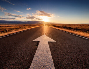 A straight road with an arrow pointing toward a sunset horizon, emphasizing the journey towards goals