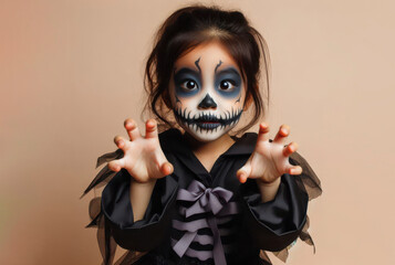 Cute asian girl kid dressed up as spooky character, with scary makeup on faces having fun at Halloween costume cosplay party