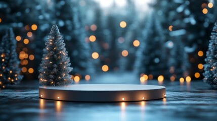 Poster - A Christmas tree is lit up in a forest setting