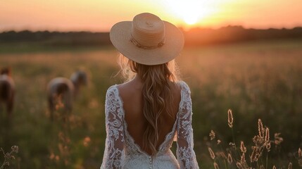 A woman wearing a straw hat stands in a field with horses in the background