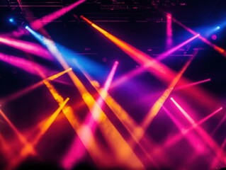 Wall Mural - concert stage with intersecting light beams, vibrant colors, electric atmosphere, high energy